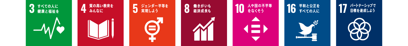 SDGsゴール3,4,5,8,10,16,17